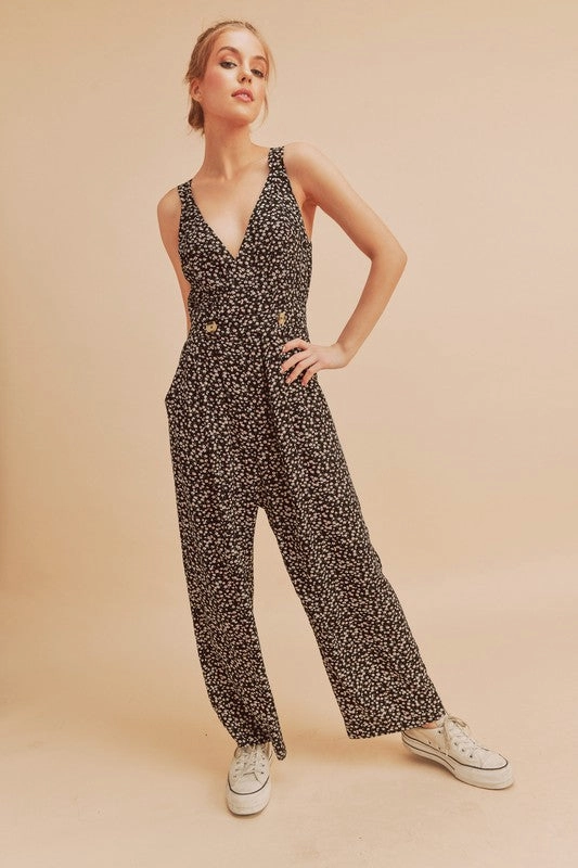 Mega Sale Now Weekend Sale Special Aemi   Co Ditsy Floral Surplice Sleeveless Wide Leg Jumpsuit
