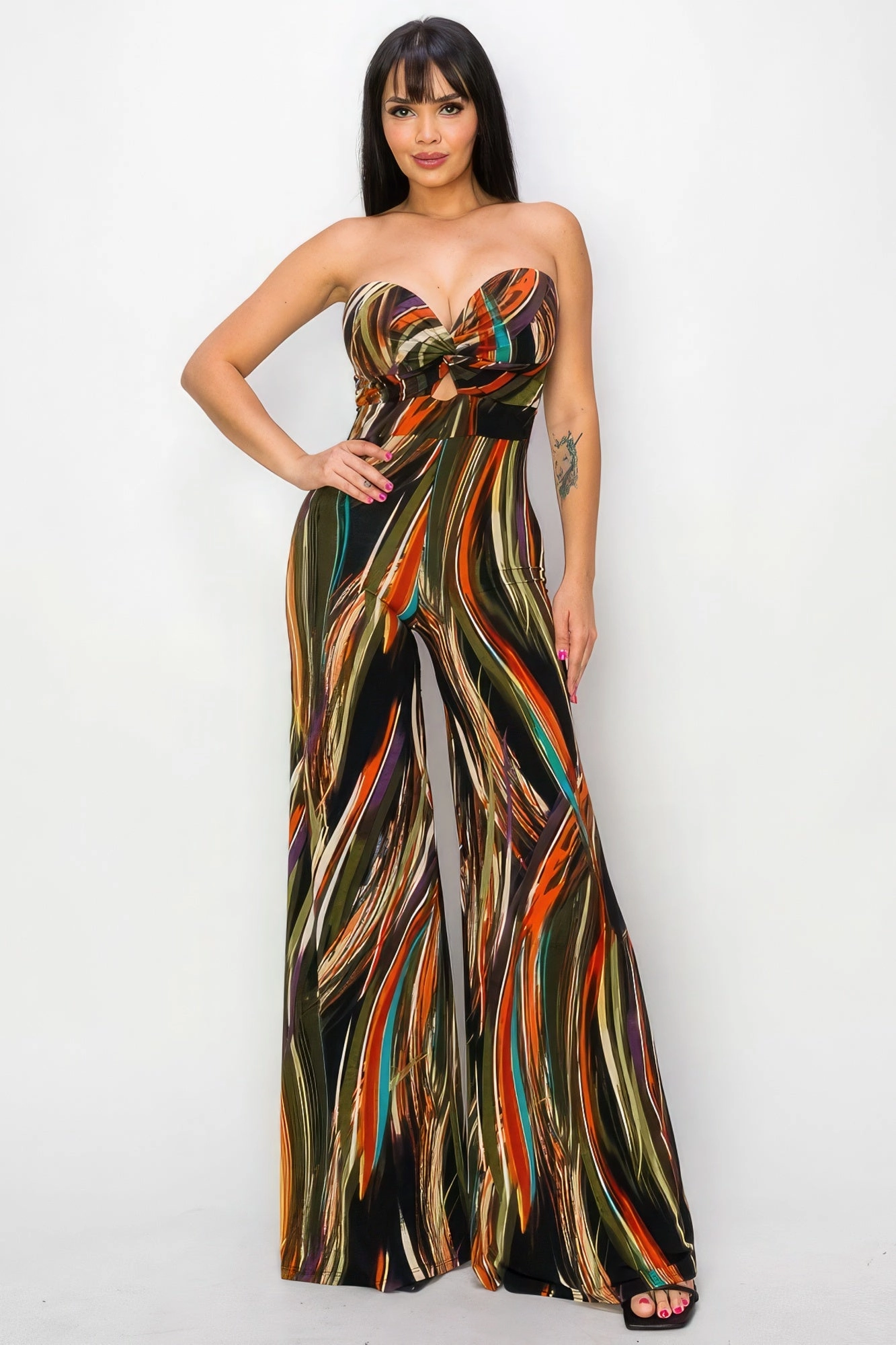 Hot Savings Alert Allover Print Twist Front Wide Leg Jumpsuit