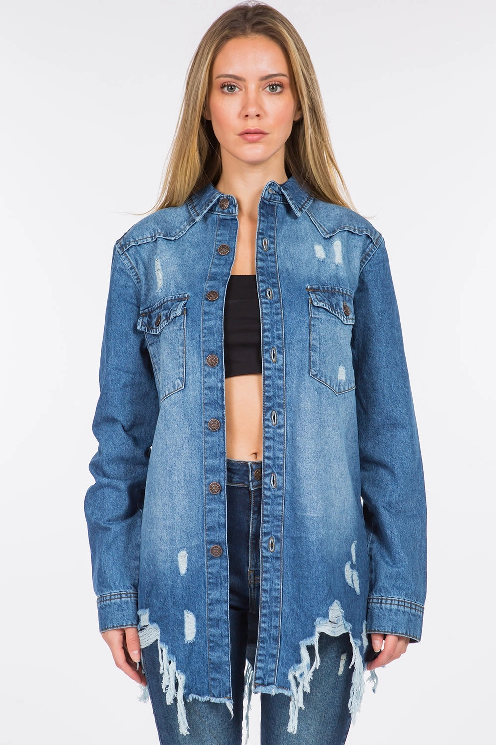 American Bazi Distressed Frayed Hem Denim Jacket Daily Deal Frenzy