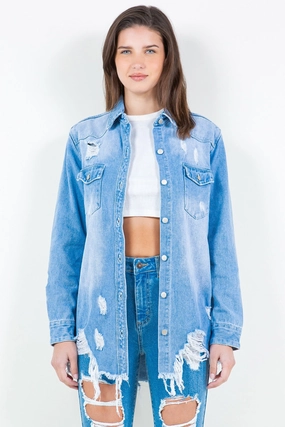 American Bazi Frayed Hem Distressed Denim Shirt Jacket Hot Discount Deal