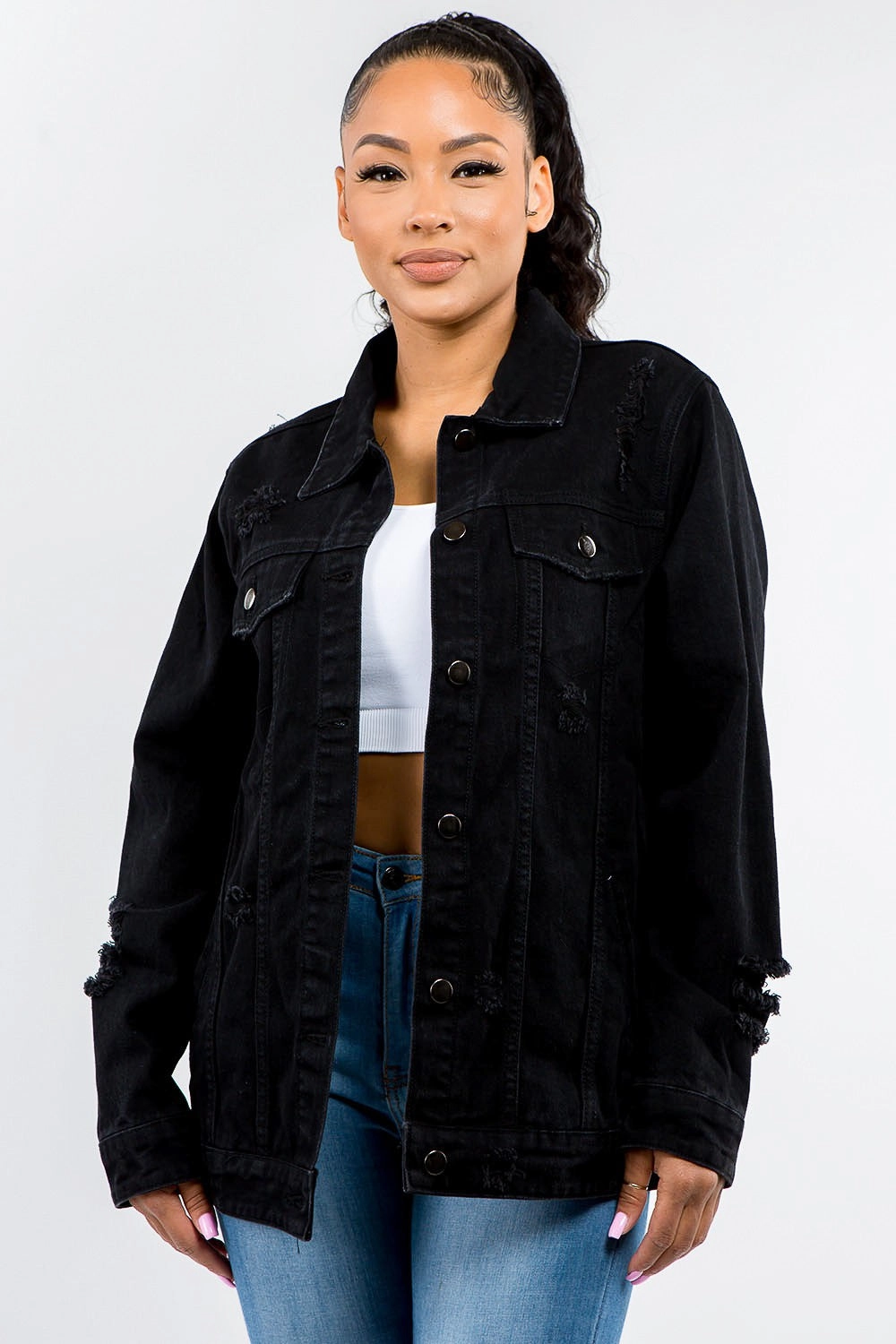 Instant Deal Today American Bazi Full Size Button Up Distressed Denim Jacket