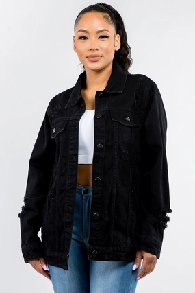 Instant Deal Today American Bazi Full Size Button Up Distressed Denim Jacket