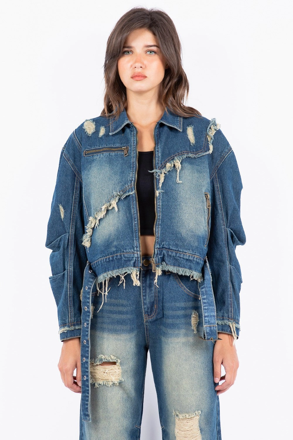American Bazi Full Size Distressed Frayed Edge Zip Up Denim Jacket Plus Size Exclusive Holiday Deal Hot Savings Alert