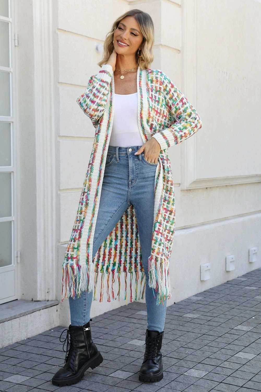 Angel Wings Full Size Multicolored Open Front Fringe Hem Cardigan Limited Stock Deals