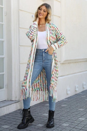 Angel Wings Full Size Multicolored Open Front Fringe Hem Cardigan Limited Stock Deals