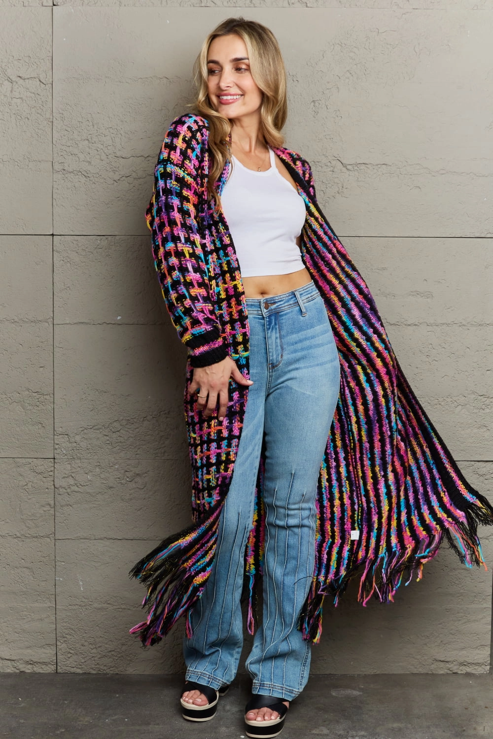 Sweet Deal Inside Angel Wings Full Size Multicolored Open Front Fringe Hem Cardigan