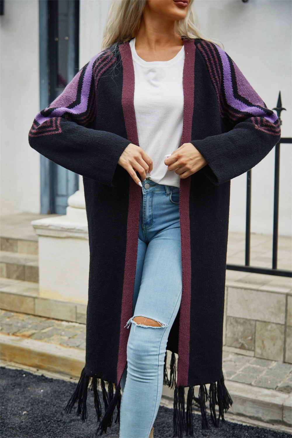 Price Drop Frenzy Angel Wings Geometric Fringe Hem Open Front Duster Cardigan