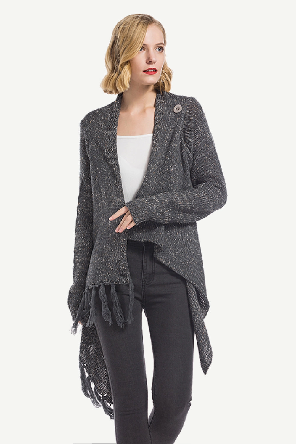 Angel Wings One-Button Tassel Tie Asymmetrical Hem Cardigan Grab Save Today Limited Time Sale