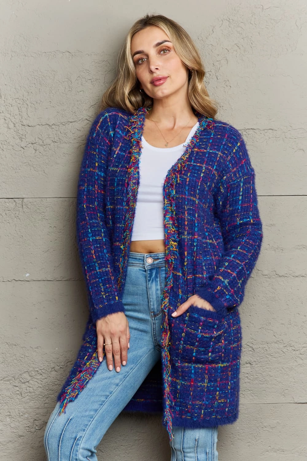 Angel Wings Plaid Fringe Trim Open Front Longline Cardigan Mega Hot Offer Price Drop Frenzy