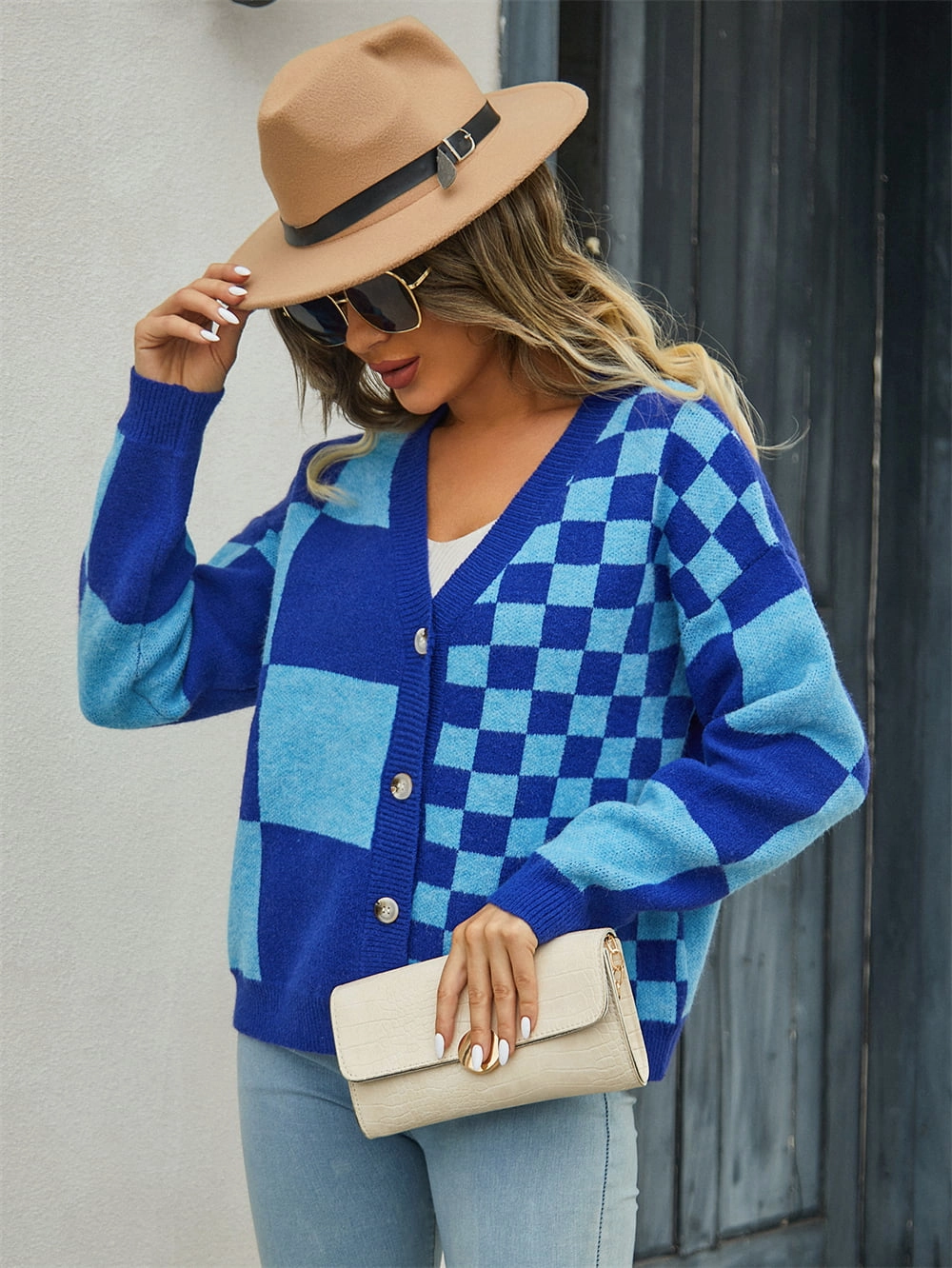 Biggest Savings Now Exclusive Holiday Deal Angel Wings Plaid V-Neck Dropped Shoulder Cardigan