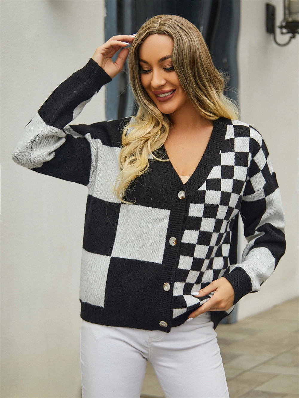 Todays Best Deal Angel Wings Plaid V-Neck Dropped Shoulder Cardigan