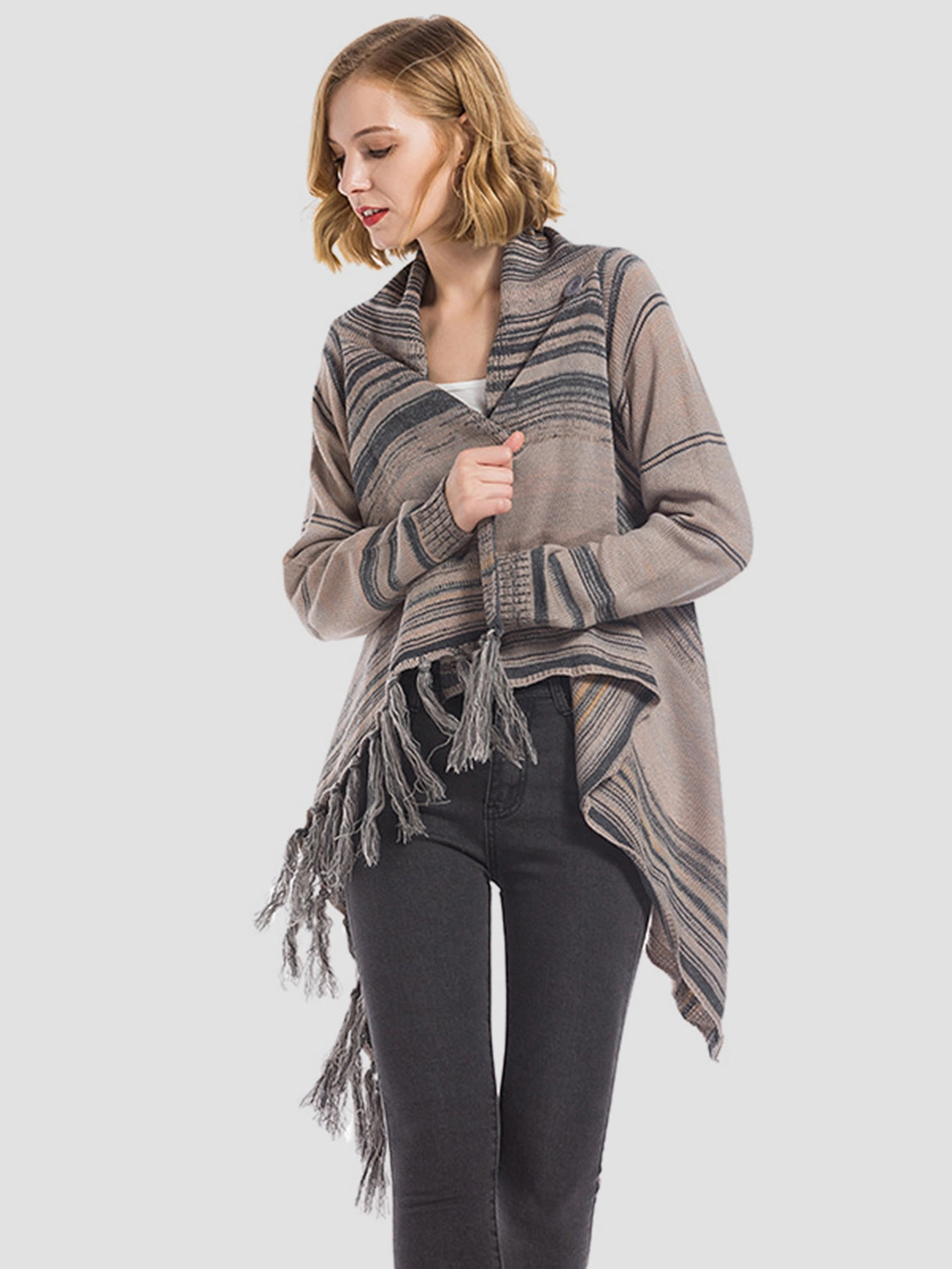 Angel Wings Tassel Striped Open Front Long Sleeve Cardigan Shop Grab Offer