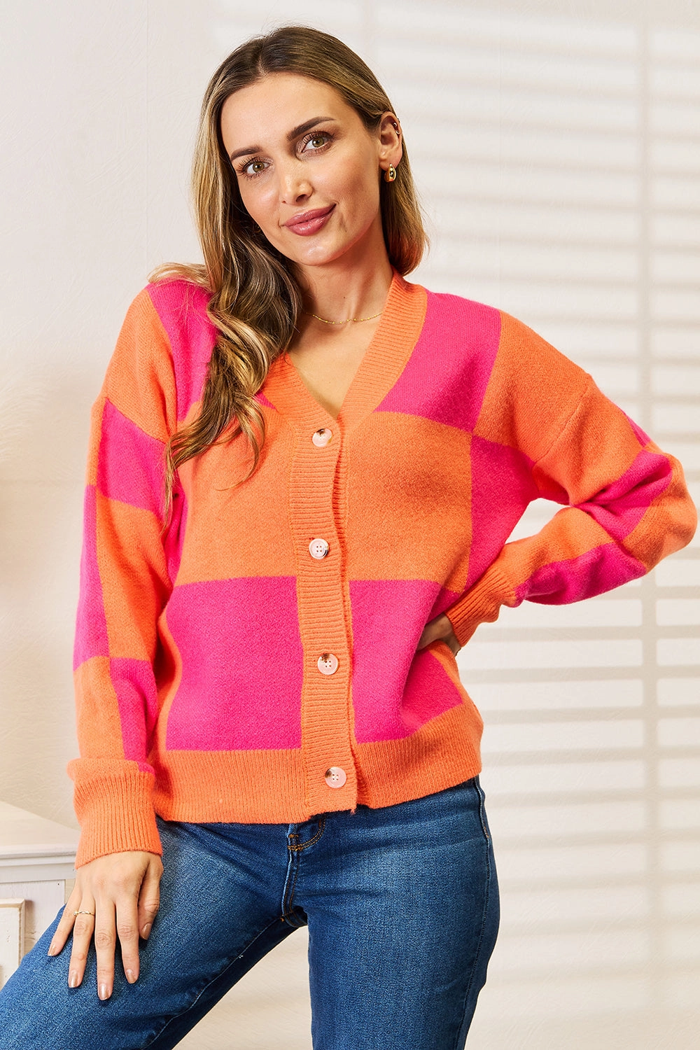 Angel Wings Woven Right Checkered V-Neck Dropped Shoulder Cardigan Best Price Online