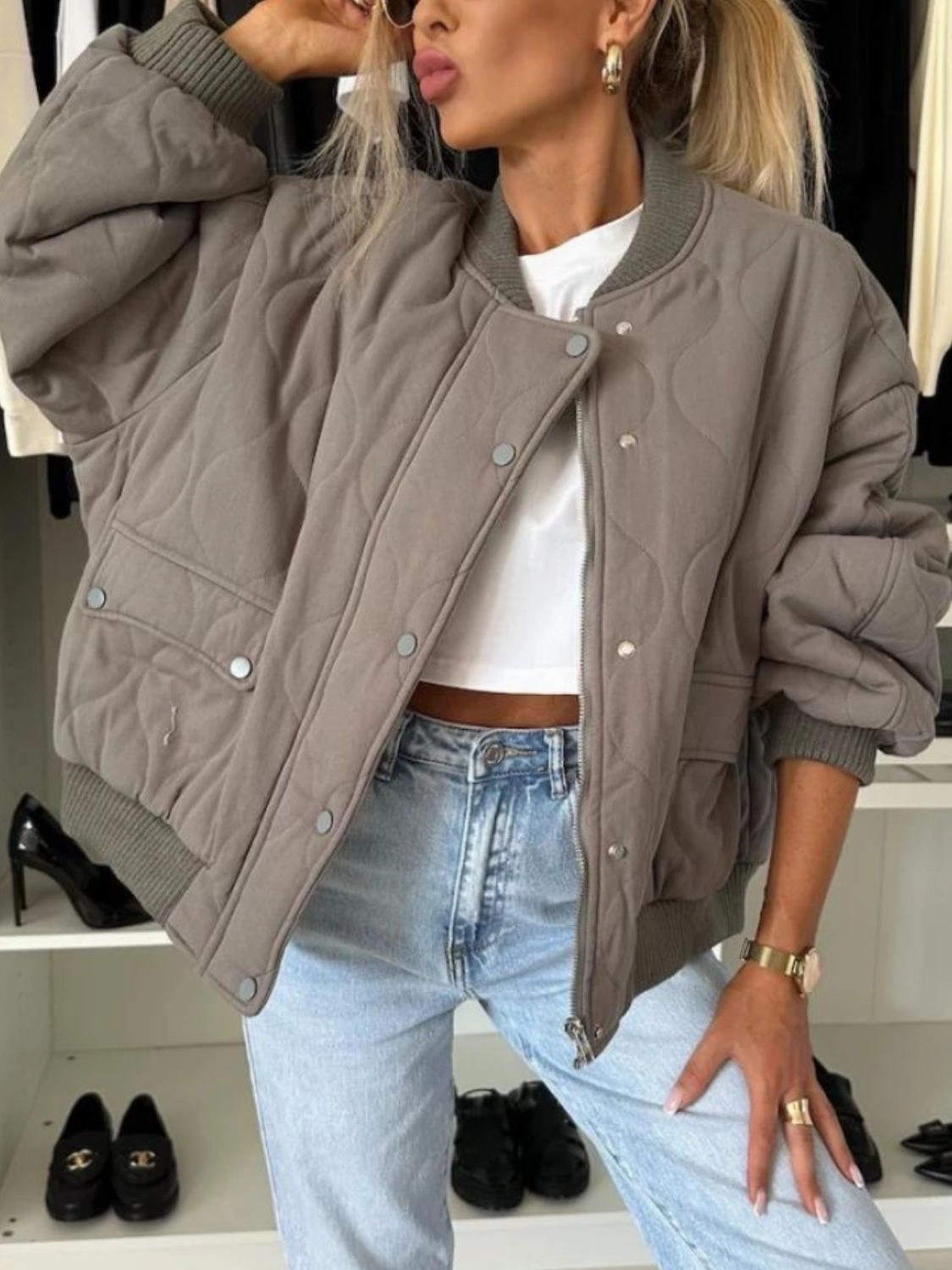 Grab the Deal Now Baseball Collar Snap Down Long Sleeve Jacket