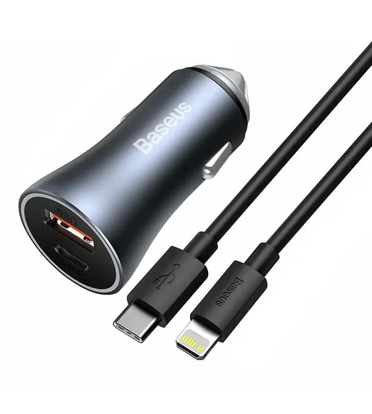 Baseus 40W Dual Car Charger With Type C To Ip Cable Gray Special Deal Frenzy Special Deals Online