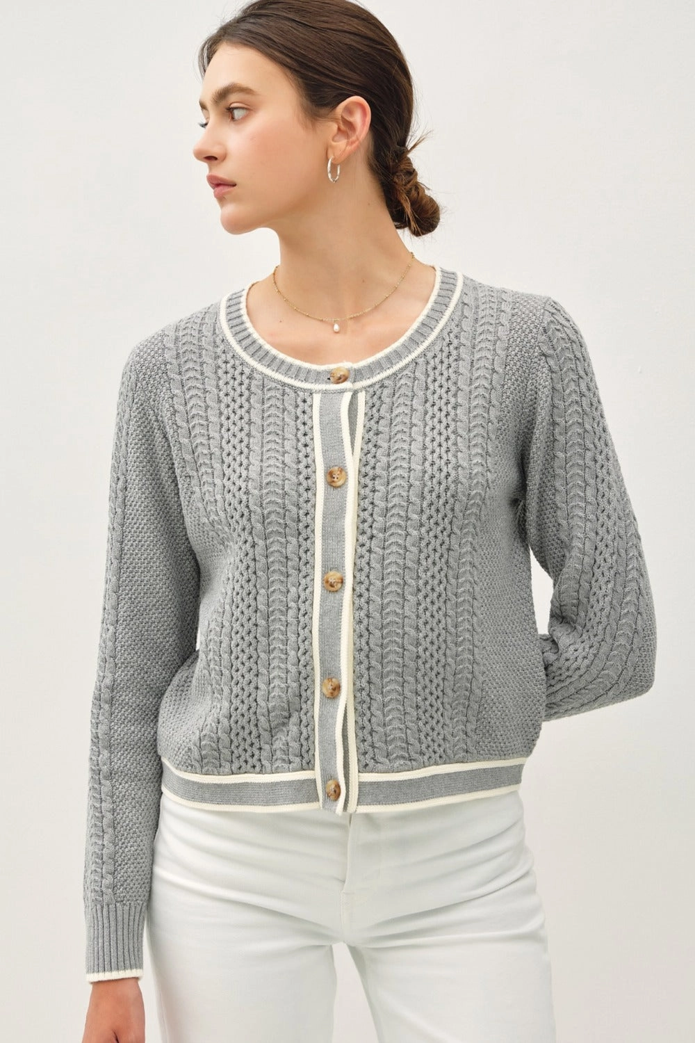 Be Cool Cable Knit Long Sleeve Contrast Edge Cardigan Big Clearance Event Best Deal Today