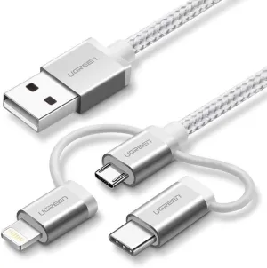 Limited Edition Offer Ugreen 50203 Us186 3 In 1 Braided Iphone Type-C Micro Usb Charging Cable Silver 1.5M