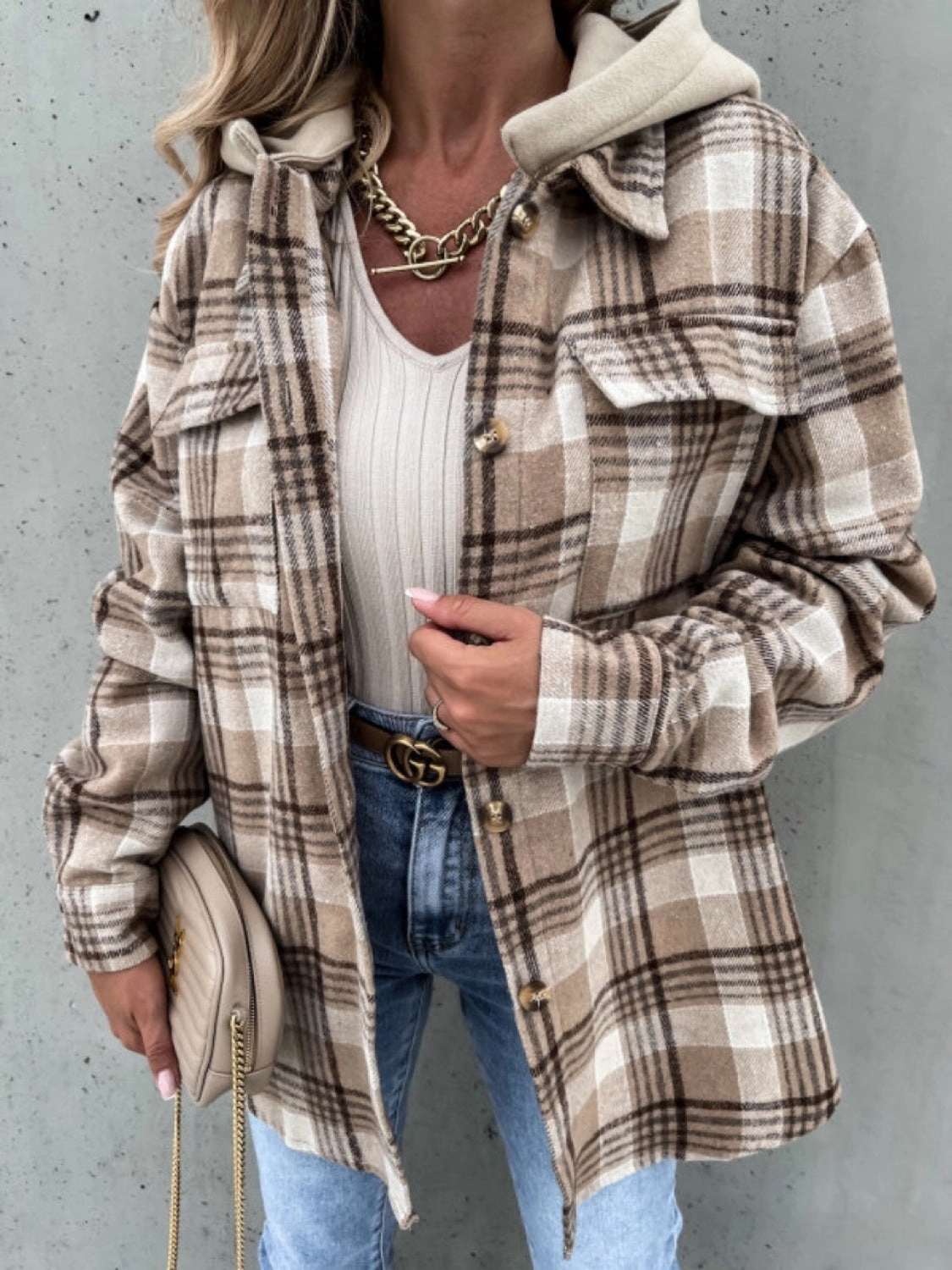 Plaid Dropped Shoulder Hooded Jacket Save Big Online