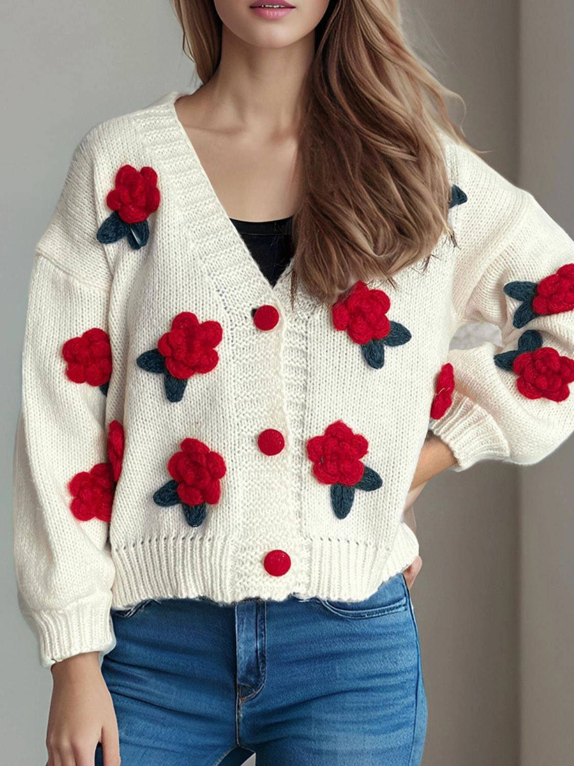 Shop Hot Deals Flower Button Down V-Neck Long Sleeve Cardigan