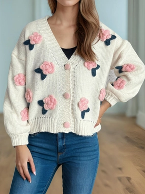 Flower Button Down V-Neck Long Sleeve Cardigan Today Only Hot Pick Surprise Discount Today