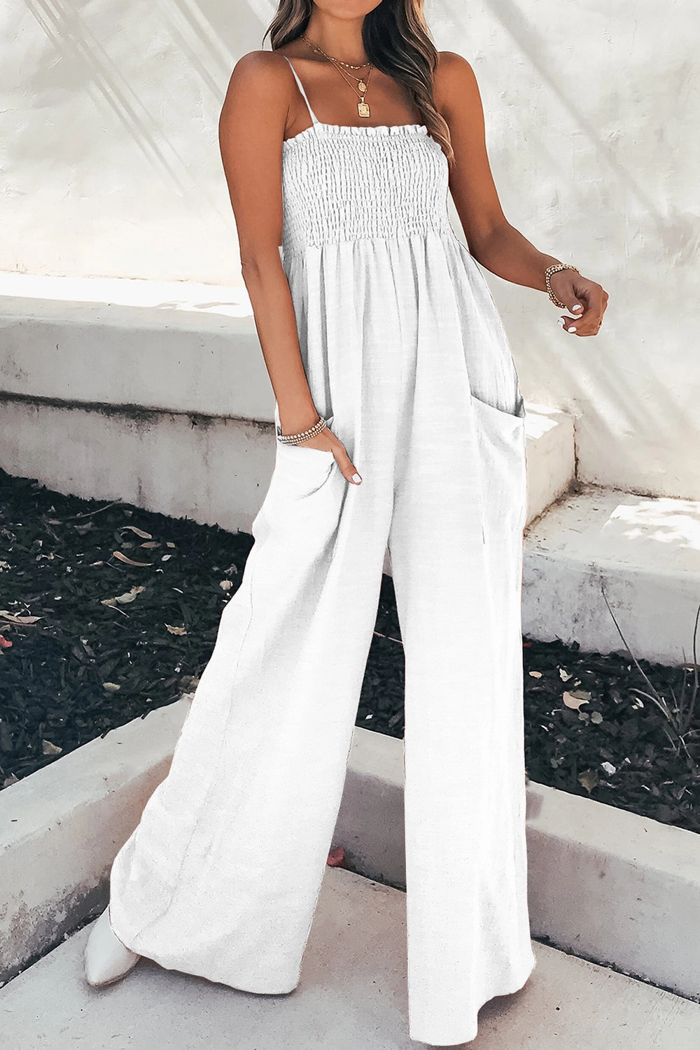 Special Steal Event Smocked Spaghetti Strap Wide Leg Jumpsuit