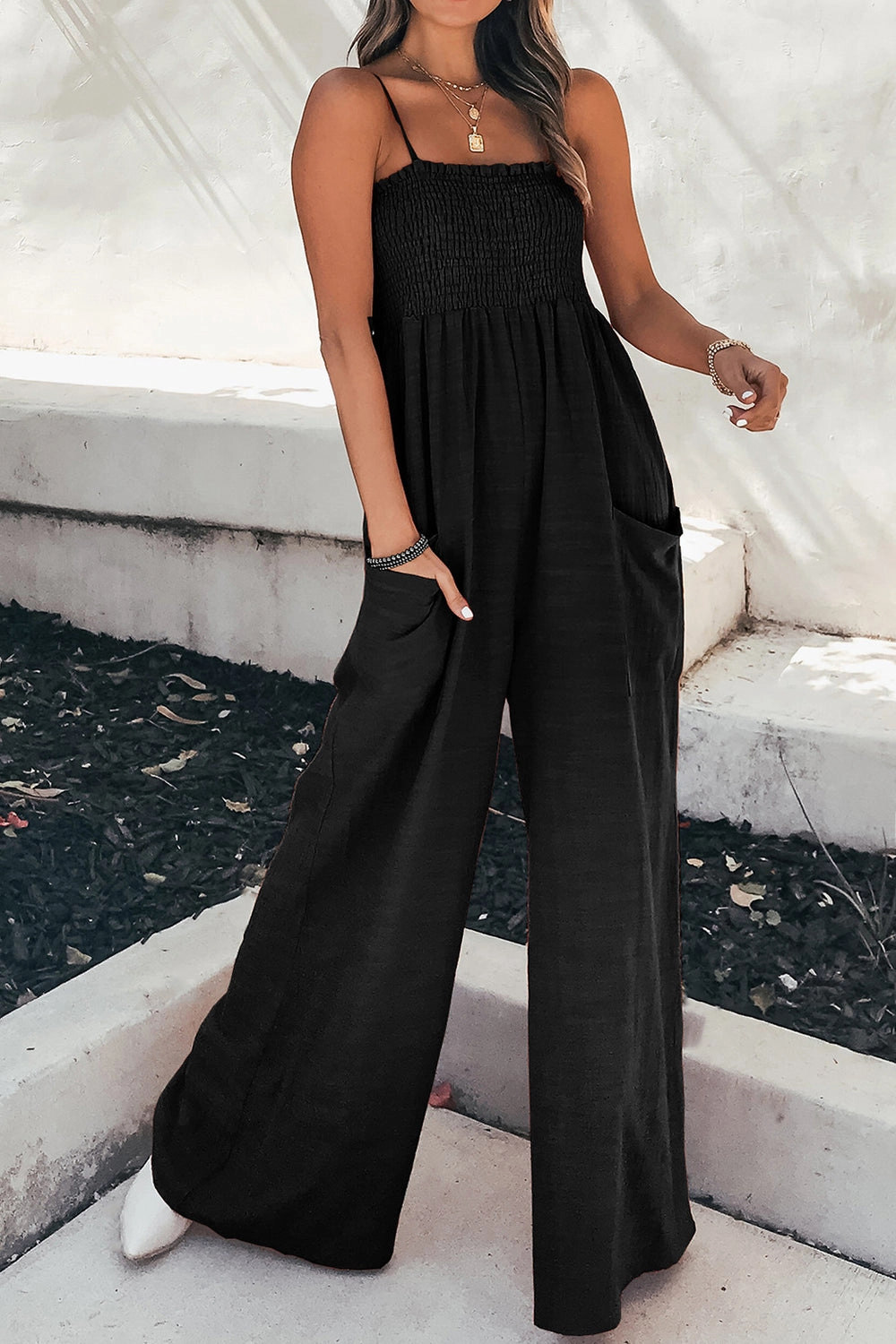 Today Only Savings Clearance Sale Smocked Spaghetti Strap Wide Leg Jumpsuit
