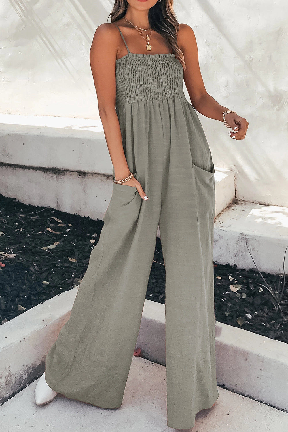 Smocked Spaghetti Strap Wide Leg Jumpsuit Flash Sale Alert
