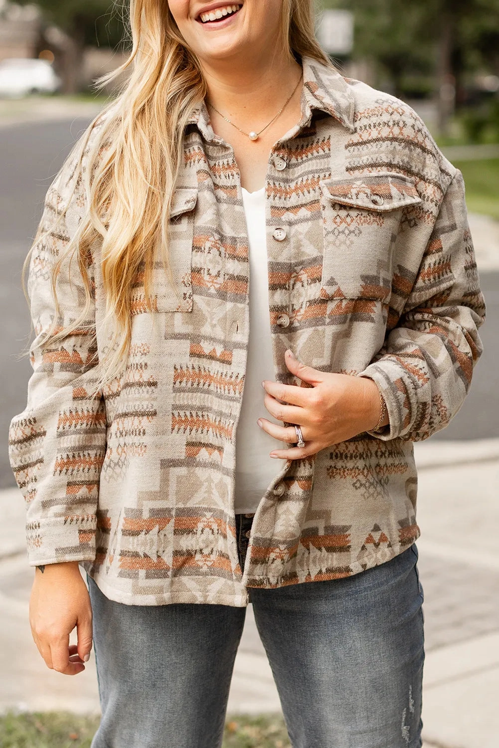 Plus Size Geometric Collared Neck Long Sleeve Jacket Todays Hot Savings