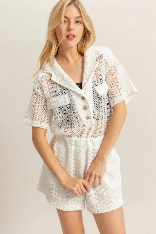 Shop Smart Save Mega Discount Today Hyfve Crochet Button Front Short Sleeve Romper