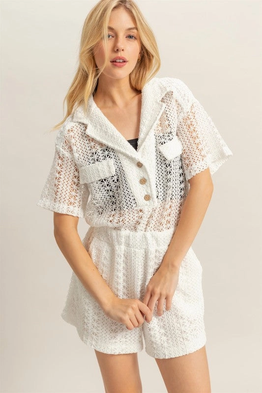 Hyfve Crochet Button Front Short Sleeve Romper Flash Sale Alert