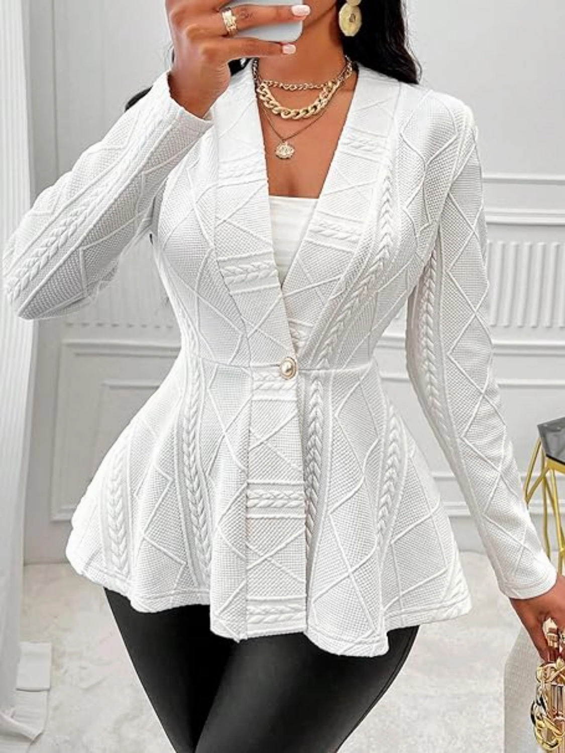 One Button Textured Peplum Cardigan Online Deal Frenzy