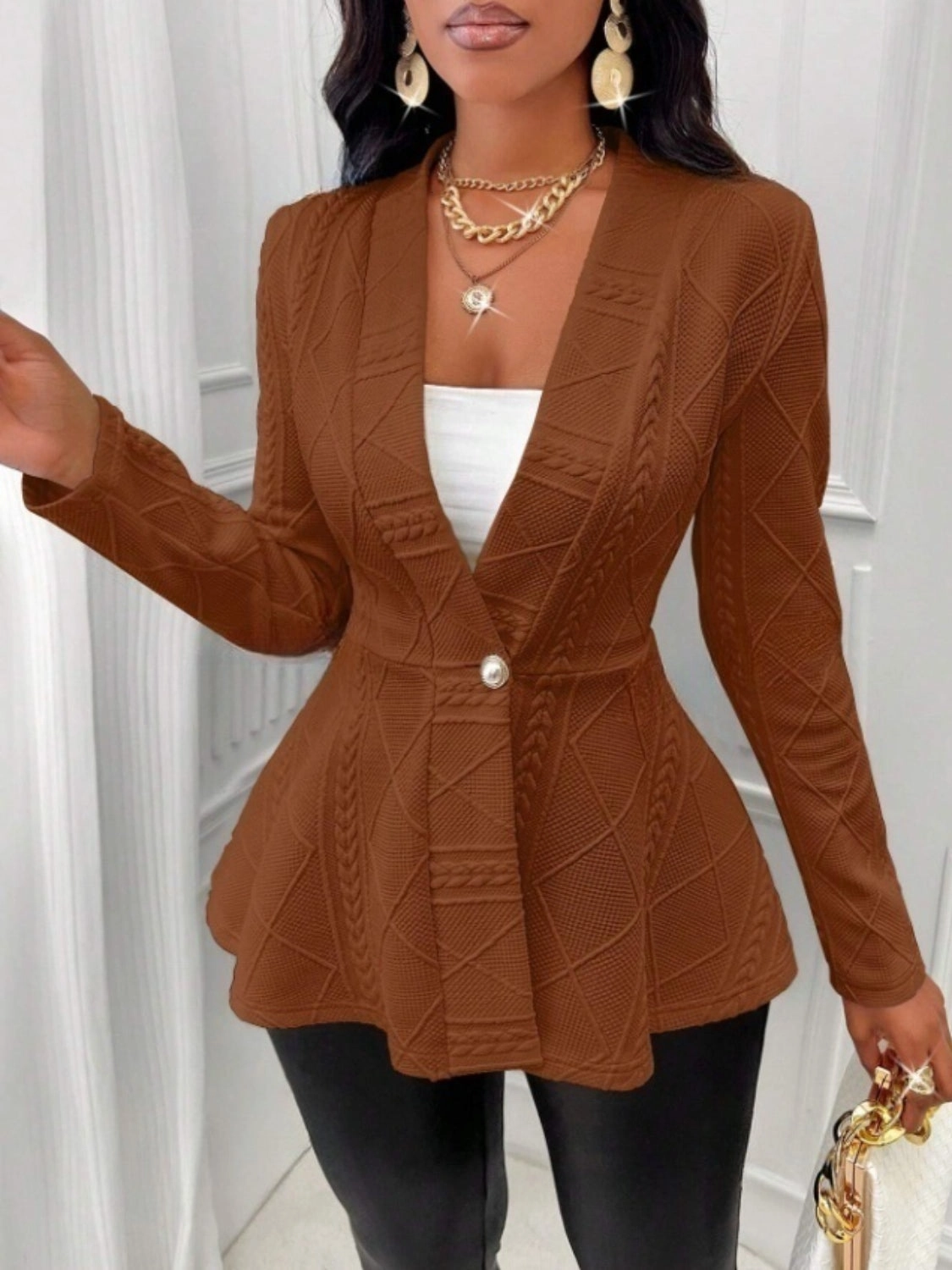 One Button Textured Peplum Cardigan Trending Offer Today