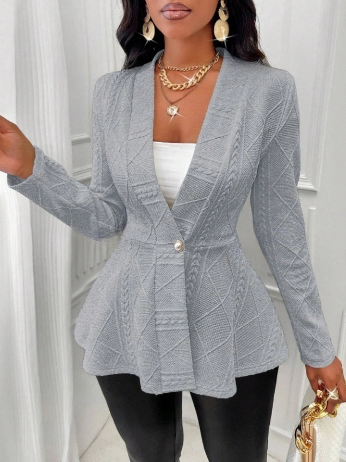 One Button Textured Peplum Cardigan Sweet Deal Today