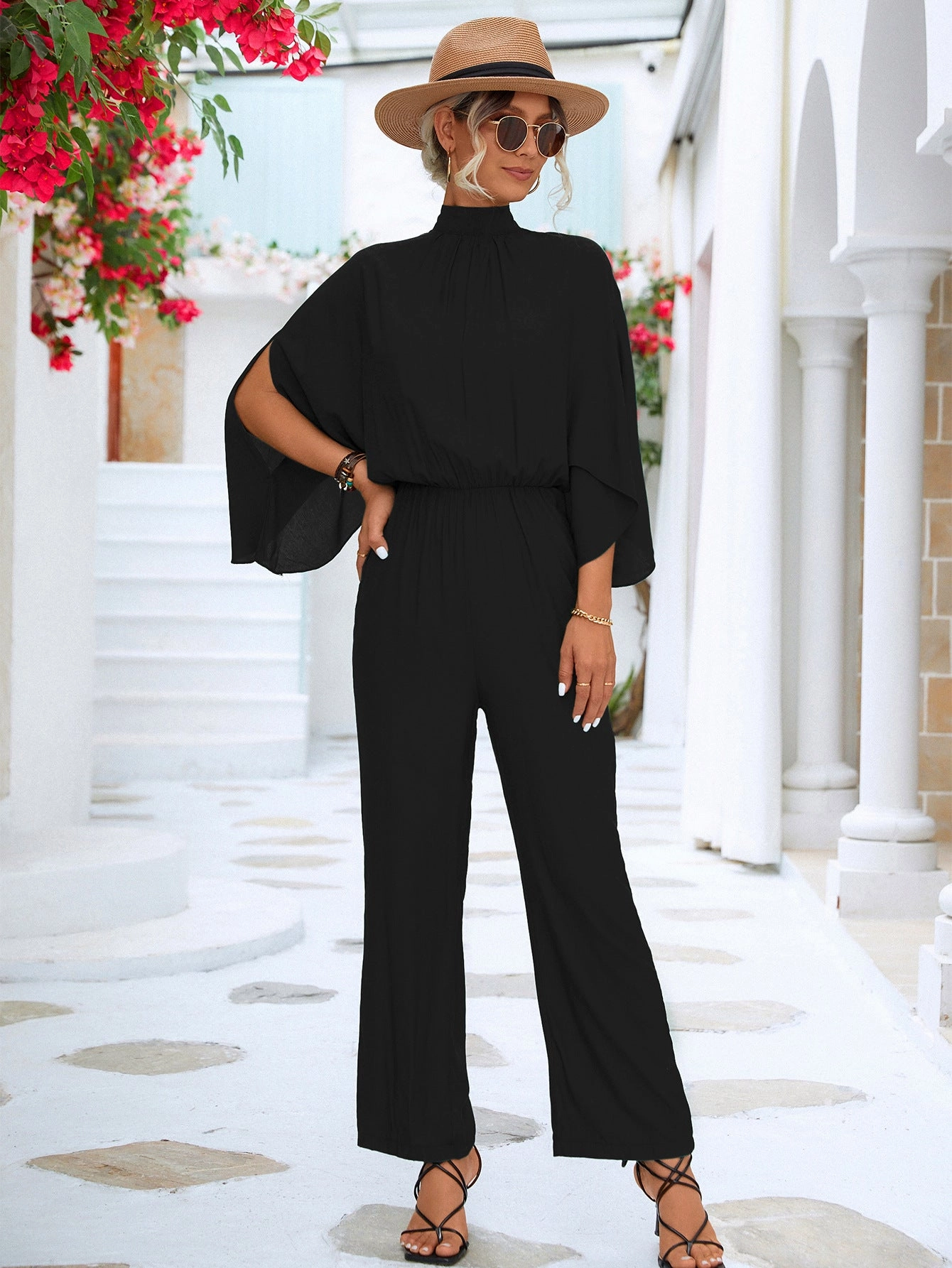 Unmissable Deal Today Sale Ending Soon Tie Back Mock Neck Split Sleeve Jumpsuit