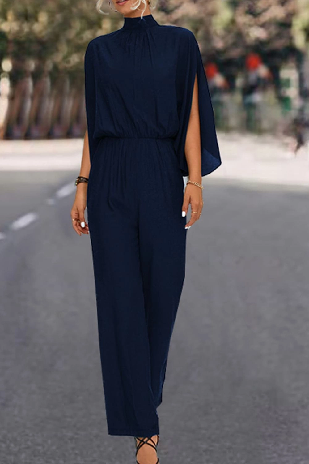 Todays Mega Savings Special Online Offer Tie Back Mock Neck Split Sleeve Jumpsuit