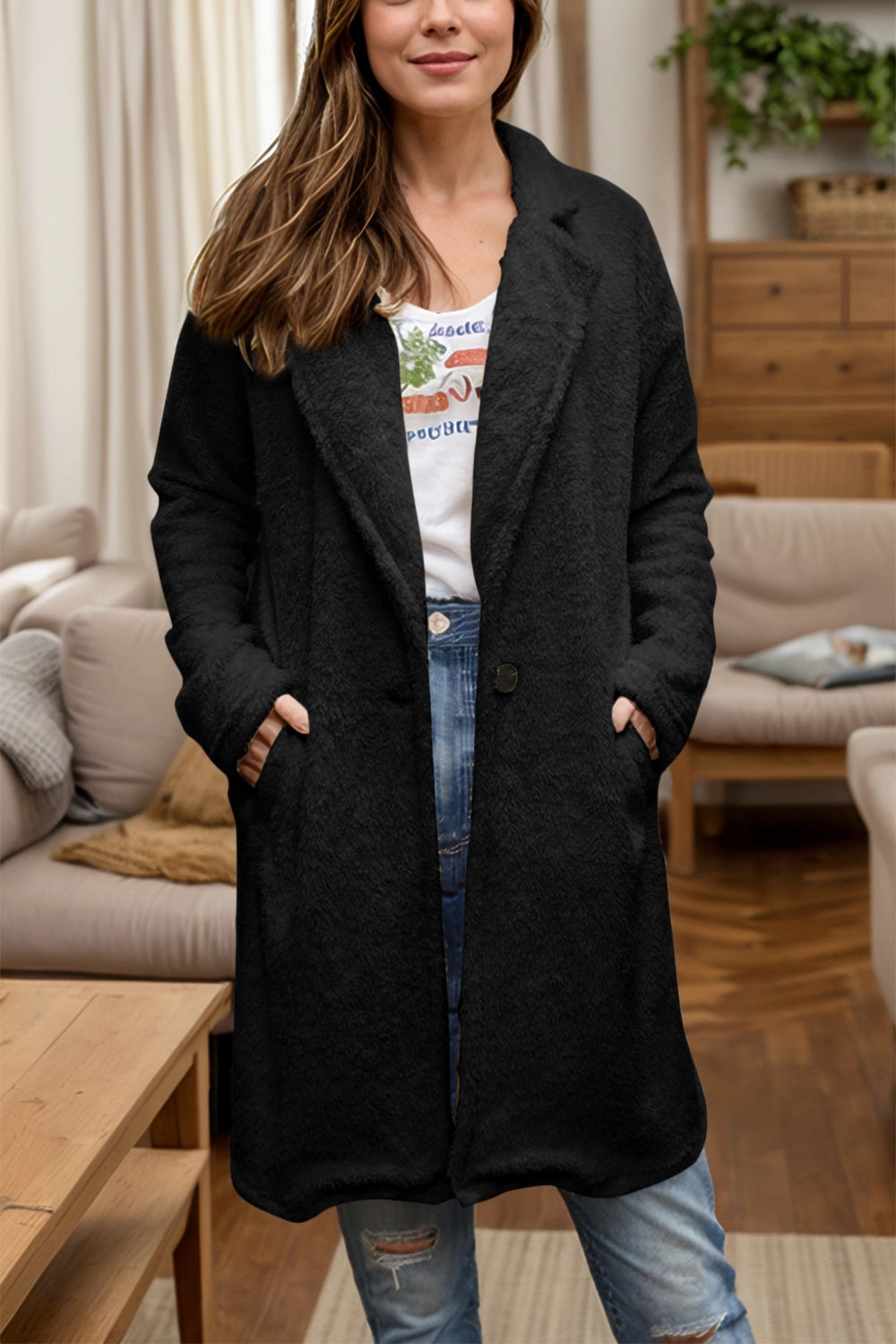 Full Size One Button Long Sleeve Longline Plush Coat Today Only Offer