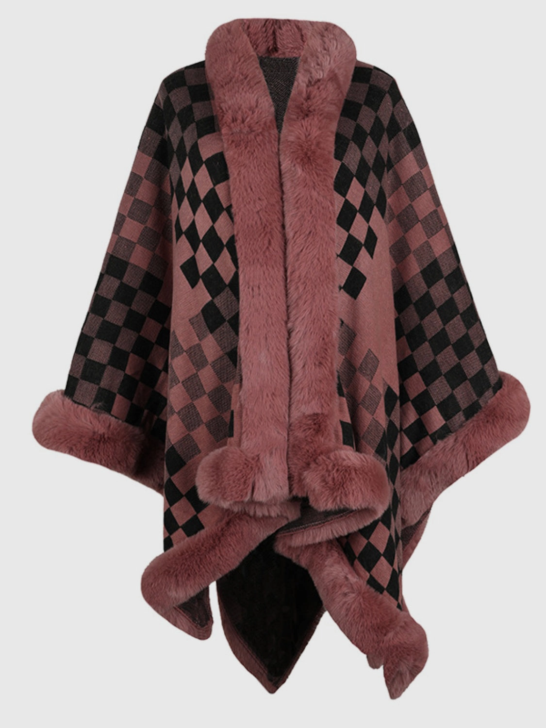 Fuzzy Checkered Long Sleeve Poncho Grab the Deal Now Online Exclusive Offer