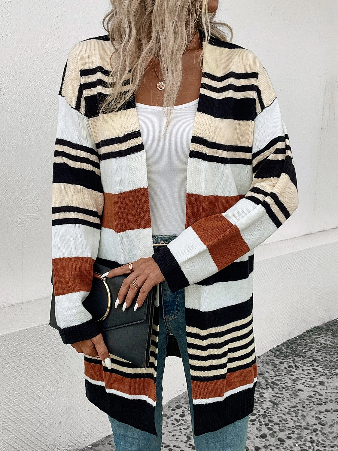 Perfee Striped Open Front Drop Shoulder Cardigan Special Savings Today MustHave Clearance