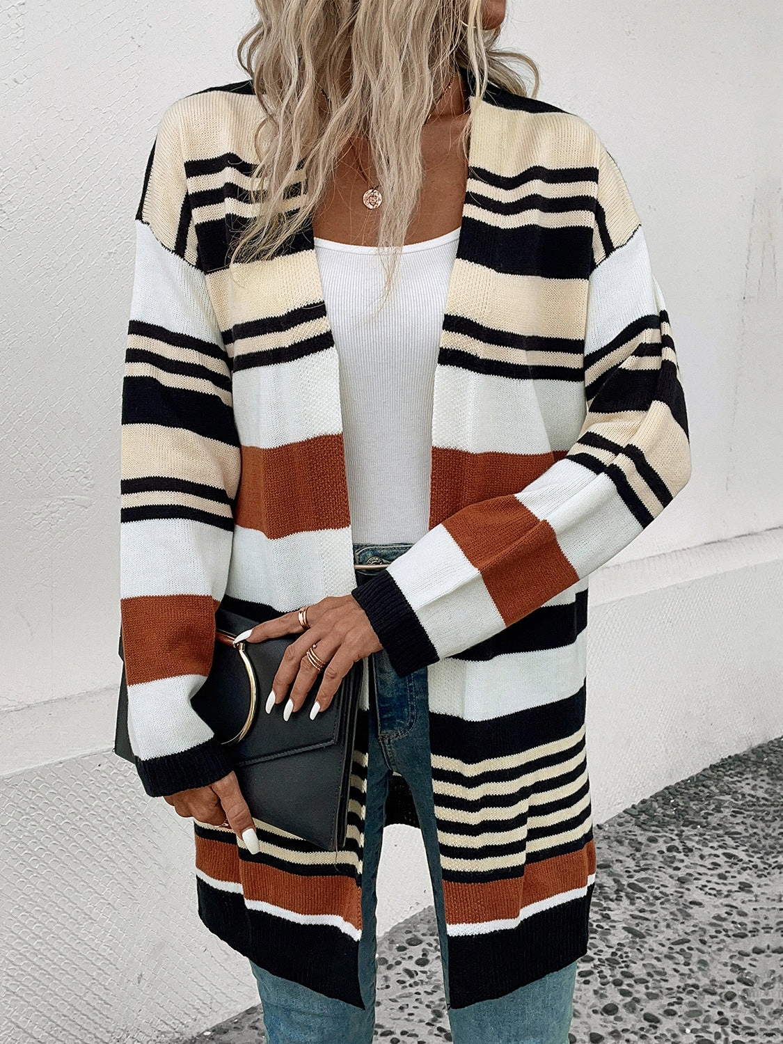 Todays Hot Savings Big Sale Today Perfee Striped Open Front Drop Shoulder Cardigan