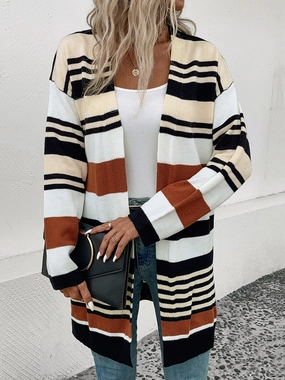 Perfee Striped Open Front Drop Shoulder Cardigan Special Savings Today MustHave Clearance