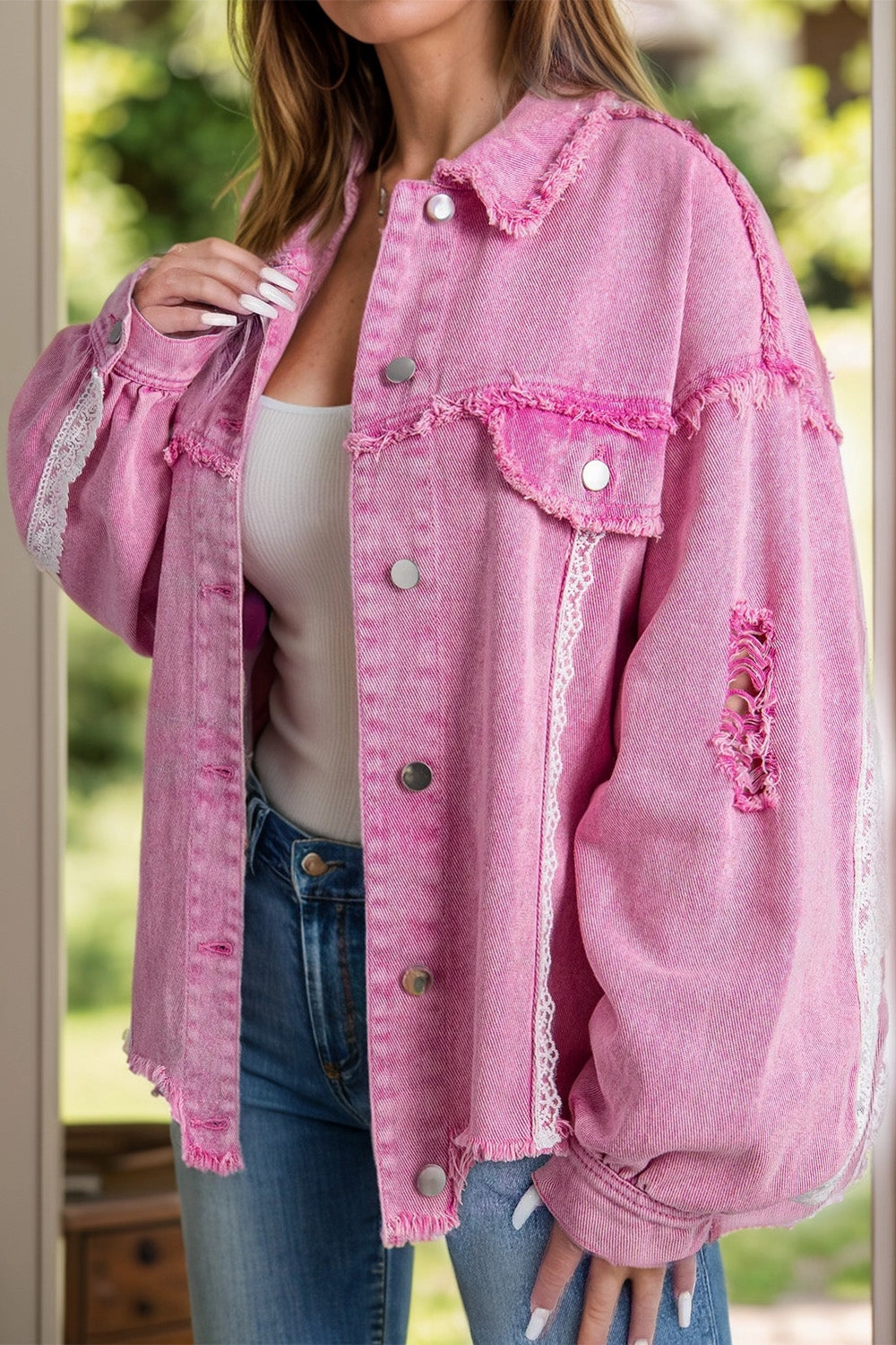 Limited Time Offer Trending Now Discount Lace Detail Distressed Raw Hem Long Sleeve Denim Jacket