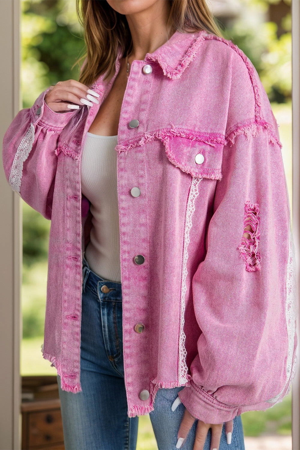 Lace Detail Distressed Raw Hem Long Sleeve Denim Jacket Hot Discount Deal Limited Stock Alert