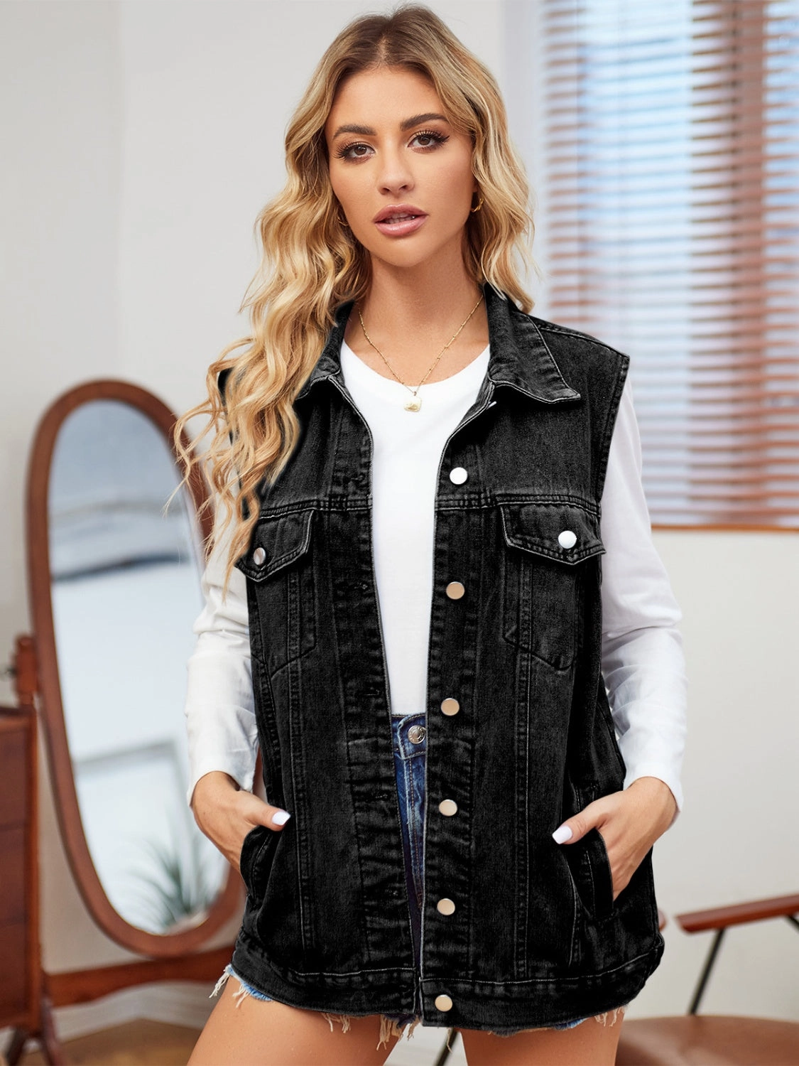 Limited Time Discount Mega Discount Today Pocketed Button Up Sleeveless Denim Jacket