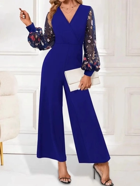 Limited Edition Offer Grab It Fast Surplice Embroidered Long Sleeve Wide Leg Jumpsuit