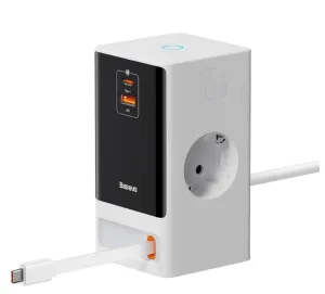Baseus Digital Power Strip Eu 2Ac 1U 1C Retractable-C 65W Smart Version Desktop Charger Glacier White Todays Hot Pick