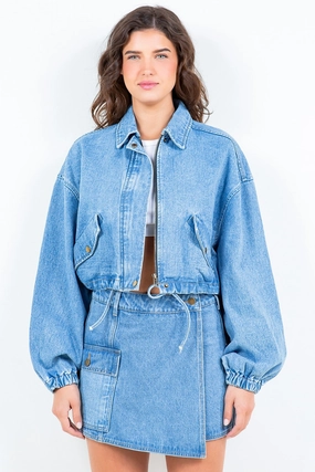 Special Price Offer American Bazi Drawstring Waist Crop Denim Jacket