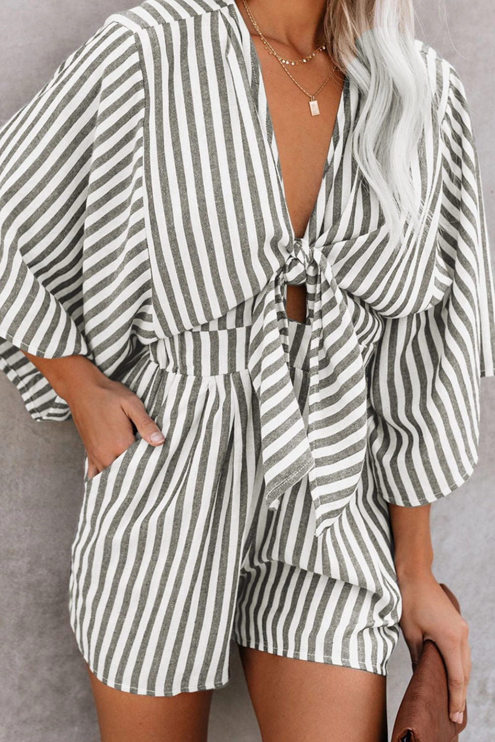 Best Deal Alert Bow Striped Kimono Sleeve Romper