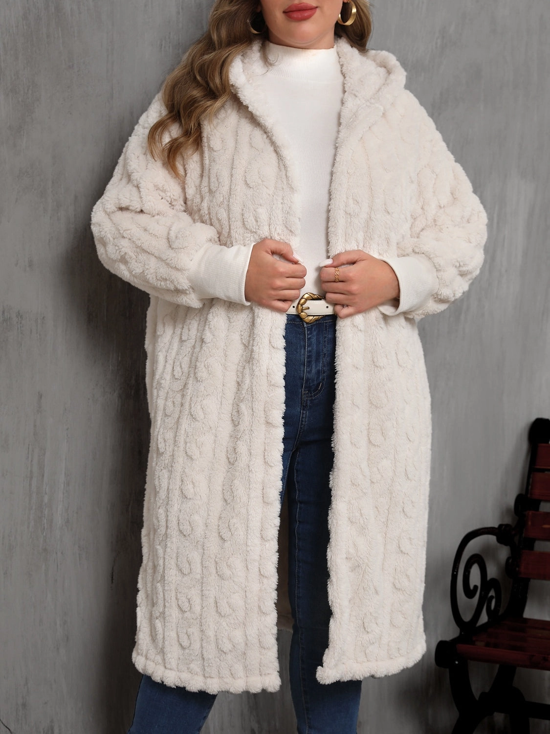 Plus Size Open Front Hooded Plush Coat Big Savings Event Clearance Alert Now