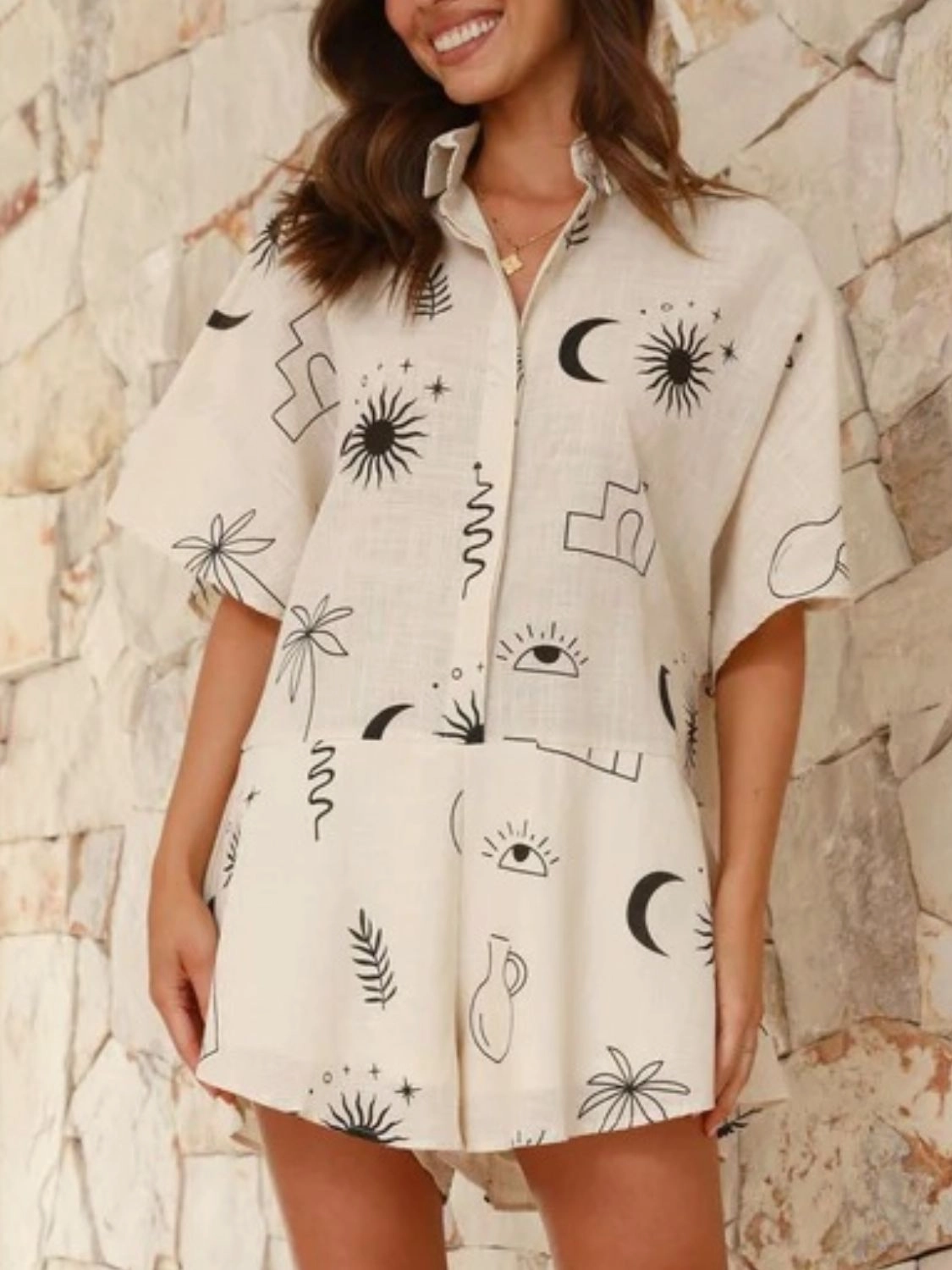 Today Only Special Grab Your Savings Printed Collared Neck Half Sleeve Romper
