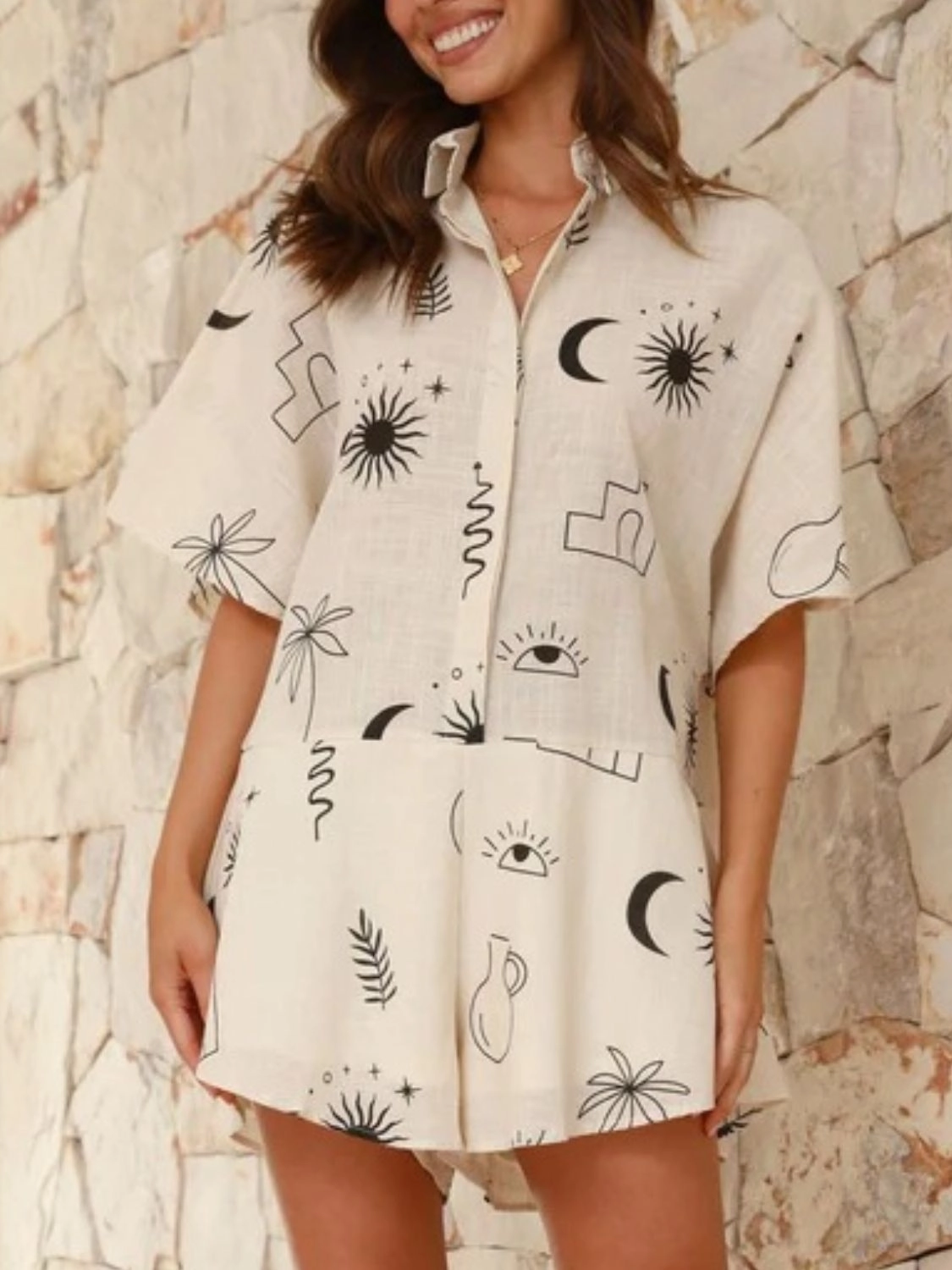 Printed Collared Neck Half Sleeve Romper Hot Discount Deal